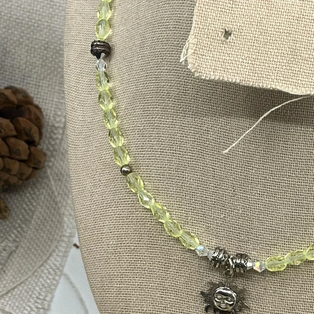 Vintage Handmade Silver Sun Pendant Necklace with Green Faceted Crystals
